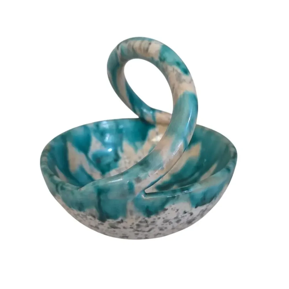 Terracotta Pottery Art Glazed Basket Green White Drip Paint Made Italy Numbered